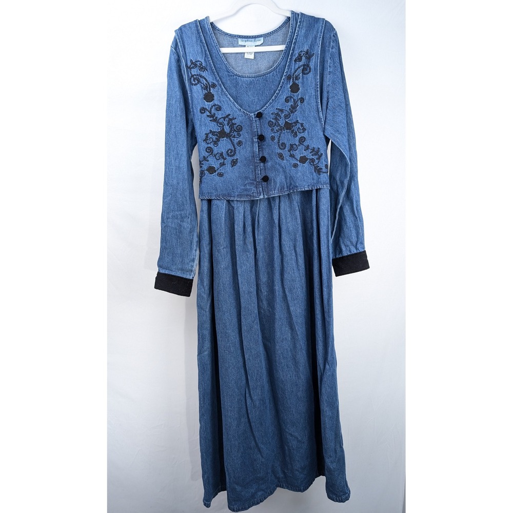 Vintage 90s Floral Embroidered Denim Maxi Dress 16 Long Western Prairie Cottage